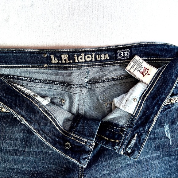 LA IDOL Y2K BOOTCUT BLING FLAP POCKET DISTRESSED RODEO FESTIVAL JEANS Sz11 33/34 - Picture 8 of 12
